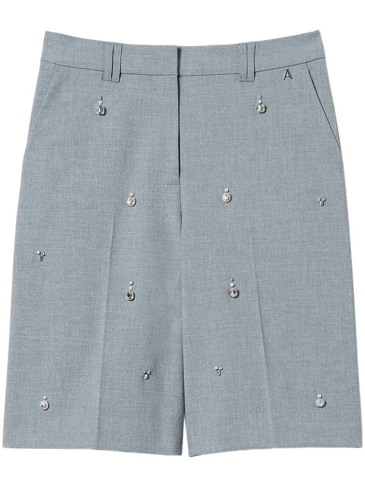 grey embroidered logo front button and zip fastening crystal embellishment belt loops two side slit pockets knee-length Embellished Shorts, Knee Length Shorts, Wardrobe Edit, Yoko London, Exclusive Fashion, Crystal Embellishment, Ballet Flat Shoes, Ski Wear, Lady Dior