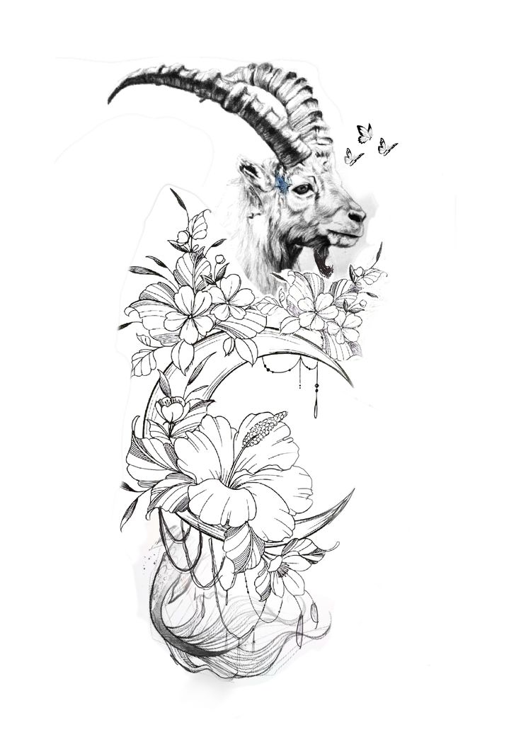 a drawing of a goat with flowers in it's head and butterflies on its horns