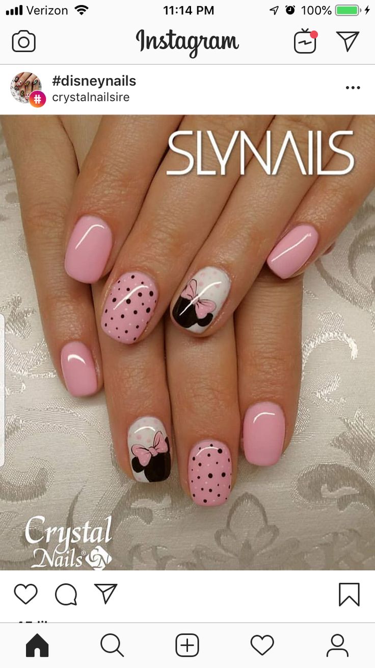 Kids Minnie Mouse Nails, Disney Nails Pink Minnie Mouse, Disney French Tip Nails Short, Minnie Mouse Nails For Kids, Pink Mini Mouse Nails, Mini Mouse Nails Designs, Mickey Mouse Short Nails, Disney Birthday Nails Art Designs, Mini Mouse Nails Designs Nailart