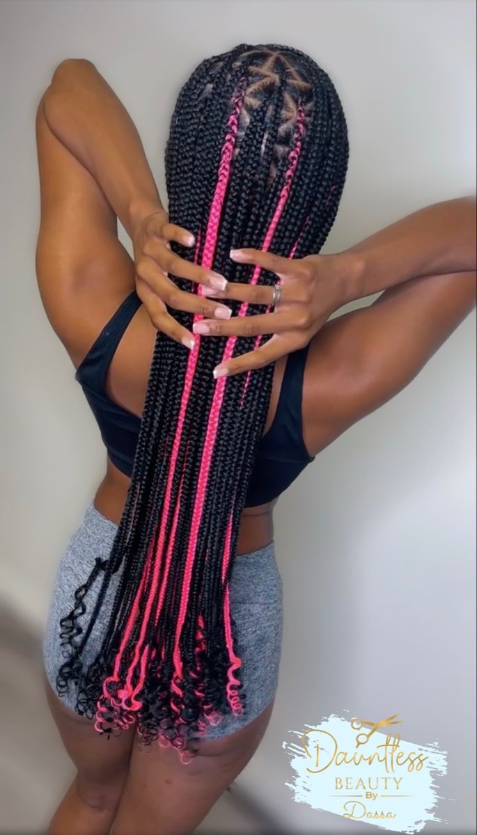 Pink Knotless Box Braids With Curls, Black Knotless With Curls, Braids With Curls Peekaboo, Black And Pink Braids With Curls, Pink Knotless Braids With Curls, Braids Twists For Black Hair, Pink And Black Knotless, Box Braids With Pink, Feed In Hairstyles