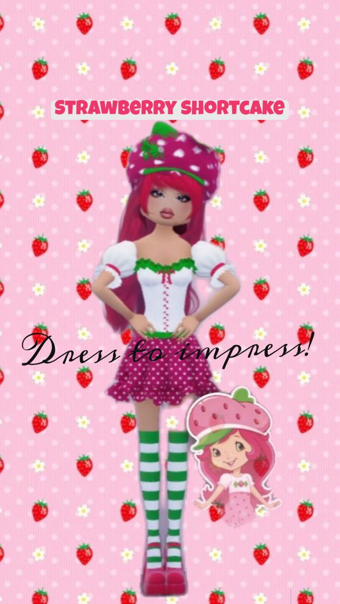 the strawberry shortcake doll is standing in front of a pink background with white polka dots