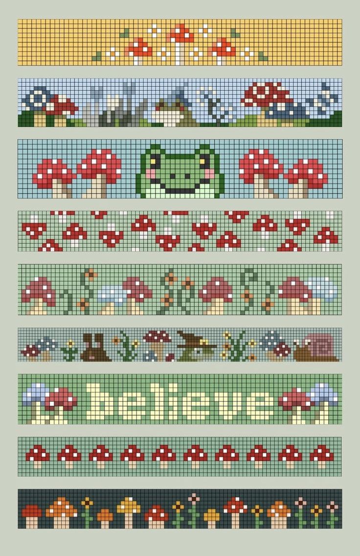 a cross stitch pattern with different types of flowers and mushrooms on the same striping