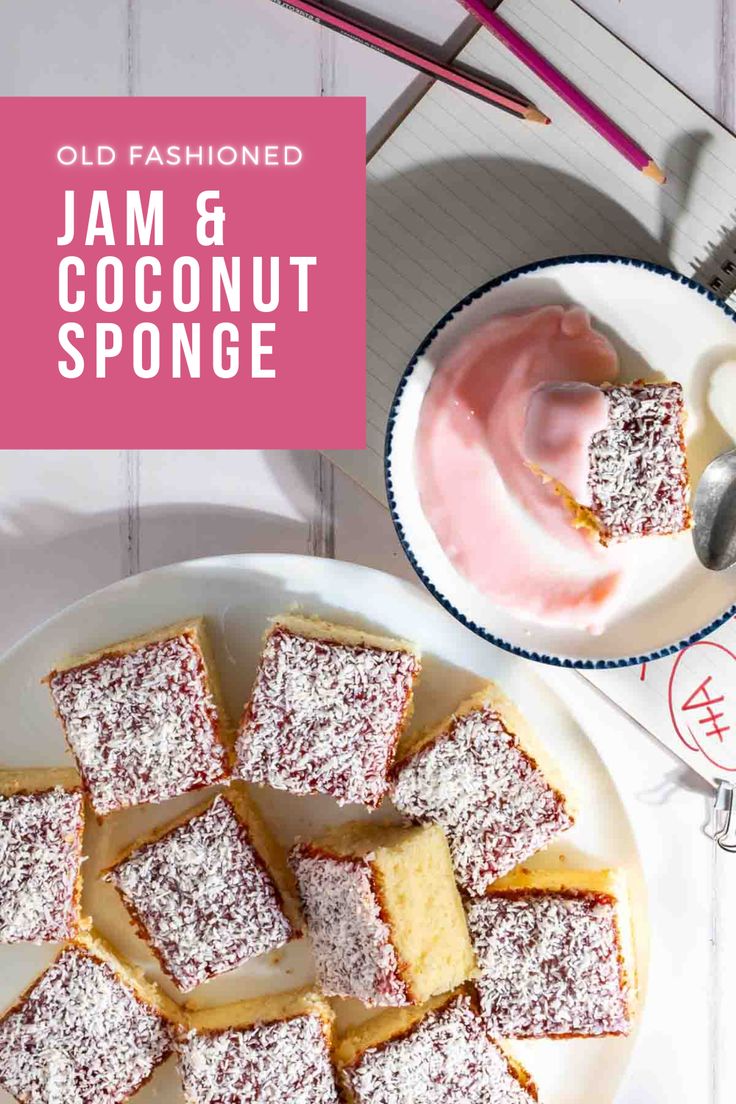 Squares of jam and coconut sponge on a white plate alongside a slice served with pink custard. Jam Coconut Sponge, Coconut Jam Cake, Coconut And Jam Cake, Jam And Coconut Sponge, Vanilla Traybake, Strawberry Jam Cake, Work Desserts, Coconut Sponge Cake, Jam Cake Recipe