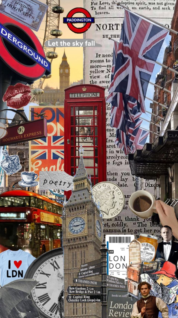 a collage of various images including the big ben clock tower, london and british flags