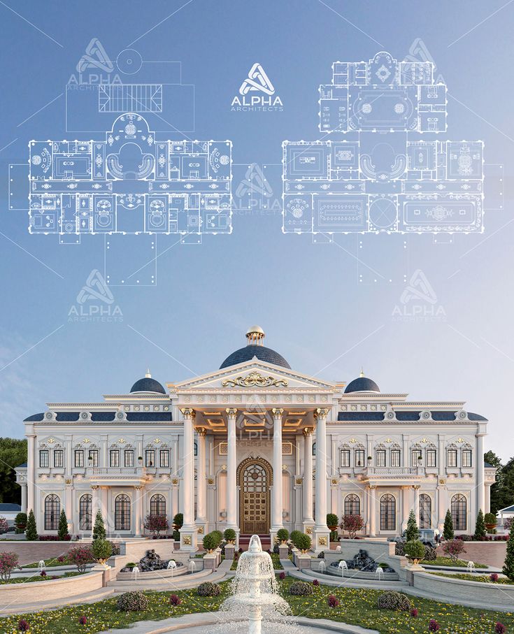 a large building with a fountain in front of it and blueprint on the wall