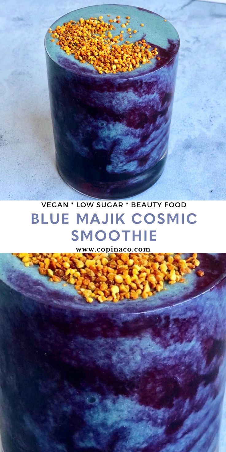 blue and yellow liquid in a glass container with text overlay that reads, vegan - low sugar beauty food blue malk cosmic smoothie