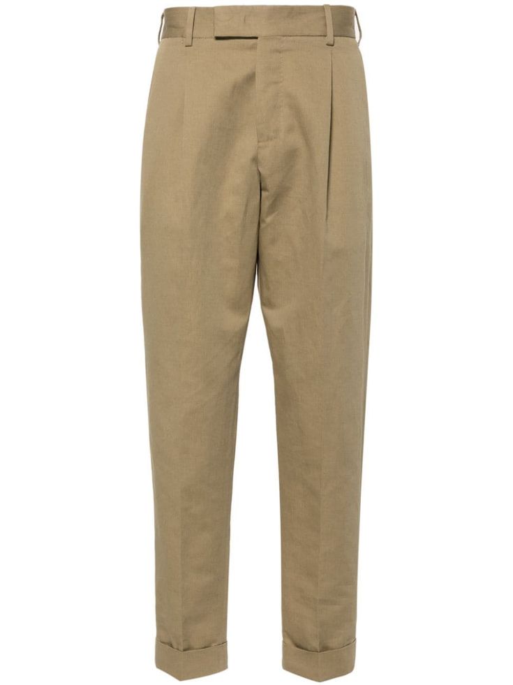 khaki cotton-linen blend twill weave mid-rise pleat detailing belt loops concealed front button, hook and zip fastening two side inset pockets two rear button-fastening pockets tapered leg with turn-up hem Tapered Trousers, Twill Weave, Tapered Pants, Tapered Legs, Cotton Linen, Linen Blend, Mid Rise, Fashion Branding, Top Brands