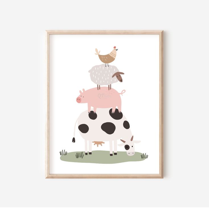 an animal print with farm animals on top of each other in a wooden framed frame