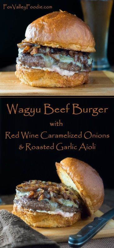 two burgers with red wine caramelized onions and roasted garlic aioli