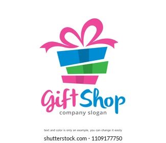 a gift shop logo with a pink bow and green box on the top, surrounded by colorful ribbons