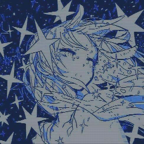 a blue and white drawing of a girl with stars around her head