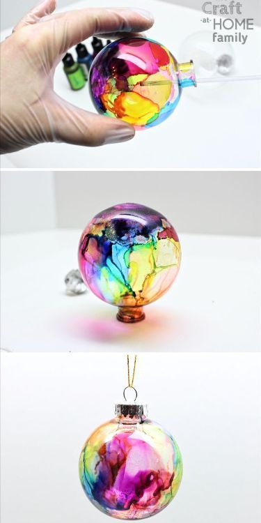 three different images of colorful glass ornaments