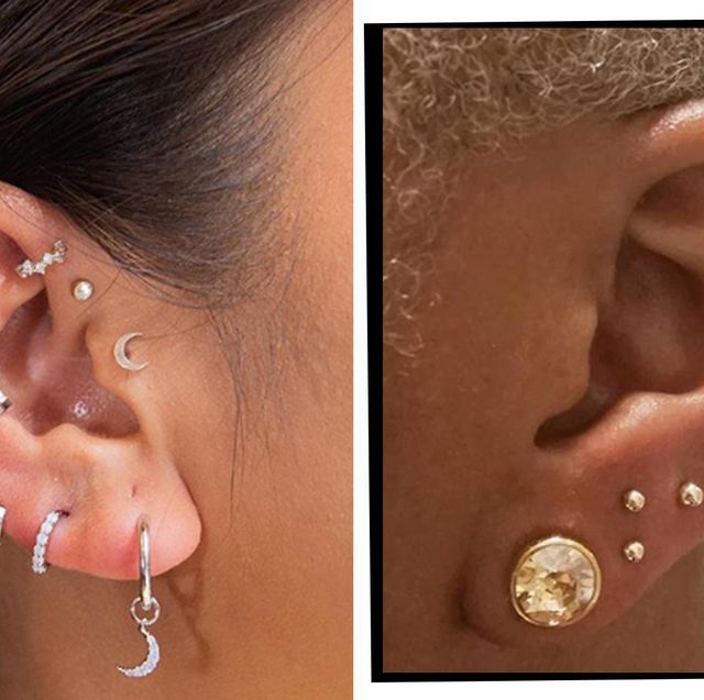 a woman with ear piercings and an earring made out of gold, silver or white pearls