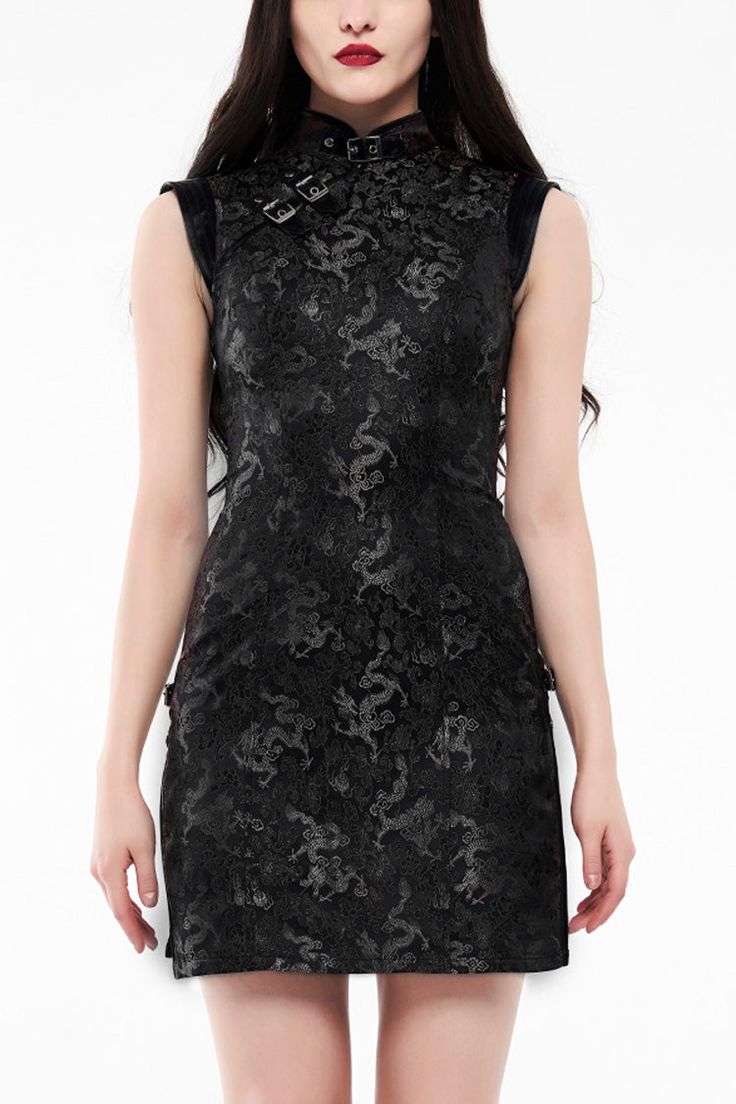 Fabric: Polyester Color: Black, Black/Red Feature: Jacquard, Print, Slim Style: Gothic Clothing Type: Dress Include: Dress*1 (Any of the accessory is not included.) Size(IN) Length Bust Waist Shoulder Width Sleeve Length XS 32.28 32.28 25.20 13.19 1.42 S 32.68 33.86 26.77 13.58 1.42 M 33.07 35.43 28.35 13.98 1.42 L 33.46 37.01 29.92 14.37 1.42 XL 33.86 38.58 31.50 14.76 1.42 2XL 34.25 40.16 33.07 15.16 1.42 3XL 34.65 41.73 34.65 15.55 1.42 4XL 35.04 43.31 36.22 15.94 1.42 Size(CM) Length Bust Waist Shoulder Width Sleeve Length XS 82 82 64 33.5 3.6 S 83 86 68 34.5 3.6 M 84 90 72 35.5 3.6 L 85 94 76 36.5 3.6 XL 86 98 80 37.5 3.6 2XL 87 102 84 38.5 3.6 3XL 88 106 88 39.5 3.6 4XL 89 110 92 40.5 3.6 Elegant Black Brocade Dress, Black Brocade Dress For Formal Occasions, Gothic Princess, Punk Dress, Slim Style, Style Gothic, Gothic Clothing, Dragon Print, Cheongsam Dress