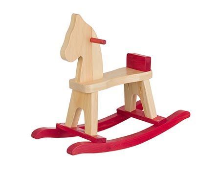 a wooden rocking horse with red legs