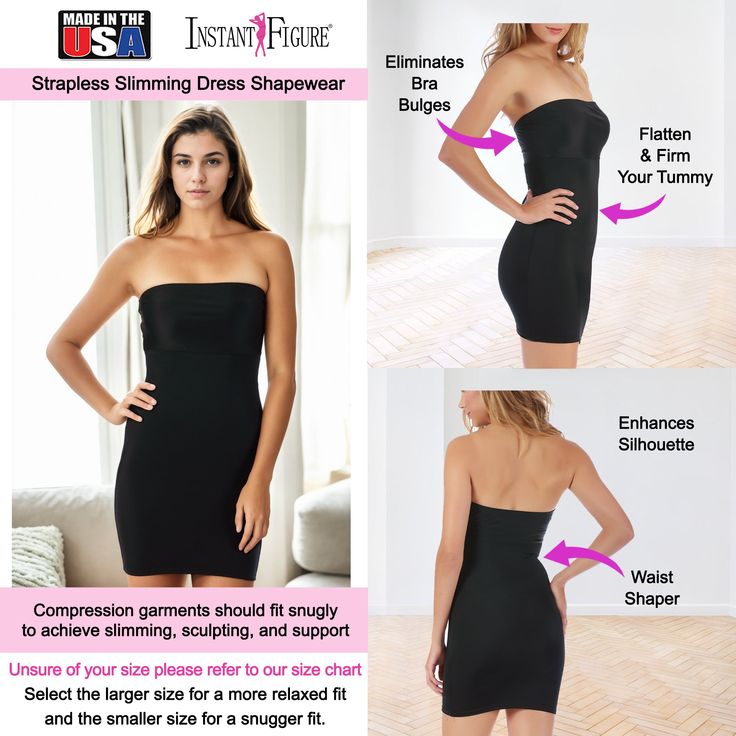 Transform Your Silhouette with the InstantFigure Strapless Slimming Dress Step into a new level of confidence with the Strapless Shapewear Slimming Dress with Empire Waist. This extraordinary compression slip dress is designed to instantly smooth and slim your figure, making you look up to 5 inches slimmer. Perfect for wearing under sheer dresses or as a chic, standalone piece. Key Benefits: Sleek Silhouette Enhancement: Experience instant contouring and a sleeker silhouette with the InstantFigu Black Strapless Shapewear With Built-in Bra, Black Dress With Built-in Bra And Straight Neckline, Fitted Black Tube Top With Sweetheart Neckline, Strapless Stretch Dress With Boning, Strapless Stretch Smoothing Shapewear, Strapless Bodycon Dress With Built-in Bra, Fitted Strapless Mini Dress With Built-in Bra, Black Strapless Dress With Built-in Bra, Fitted Strapless Mini Dress With Boning