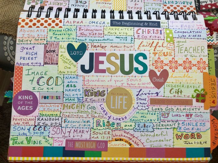 a notebook with the word jesus written on it and lots of other words in different colors