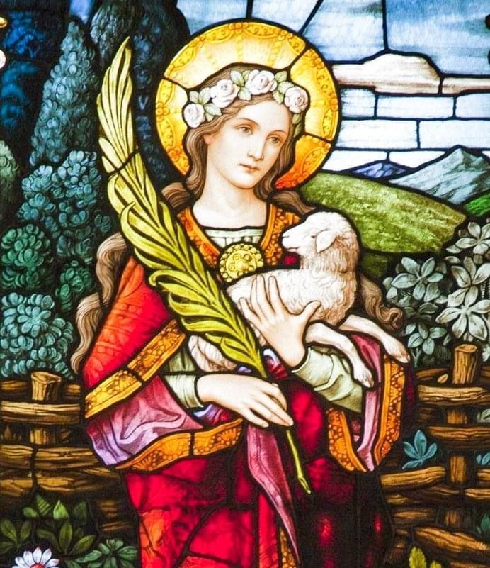 a stained glass window with a woman holding a lamb