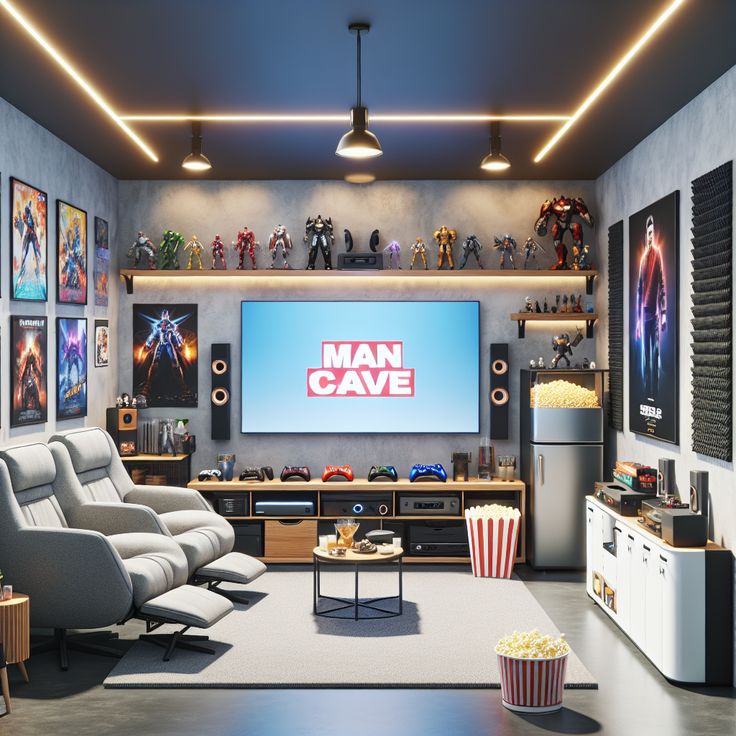 Elevate your gaming experience in a man cave furnished with cozy chairs, a large screen setup, & an array of gaming consoles. Mood lighting sets the scene while a mini fridge & popcorn machine keep you fueled. Don't forget the wall decor & collectibles! #ManCave #GamingRoom #InteriorDesign #HomeDecor #VideoGames #EntertainmentRoom Man Cave Ideas Game Room, Game Room Tv Setup, Sophisticated Gaming Room, Gamer Tv Wall, Game Room Office Combo Ideas, Cozy Game Room Ideas, Men’s Game Room, Gaming Lounge Interior Design, Mini Game Room