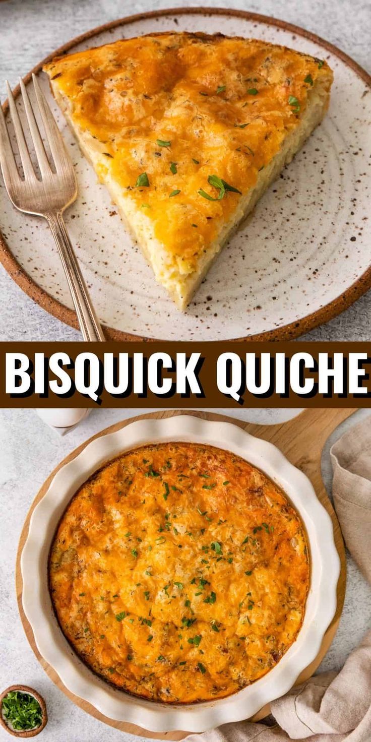 two pictures showing different types of quiche on plates with the words, bisquick quiche