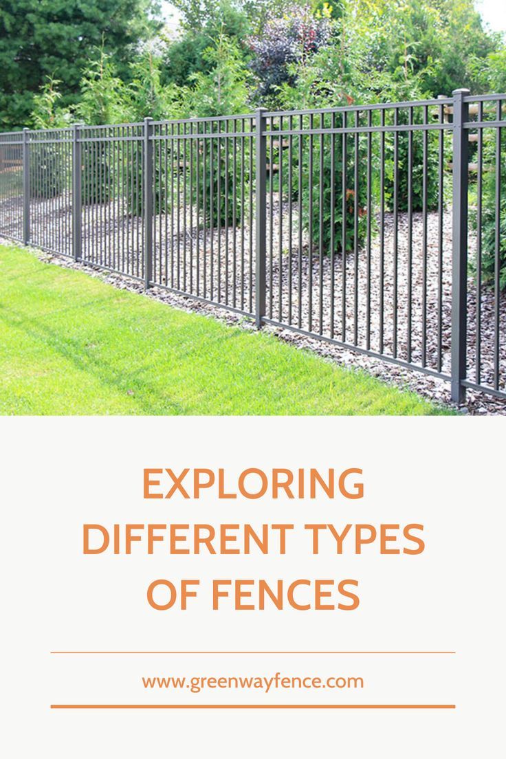 an iron fence with the words exploring different types of fences in front of trees and bushes