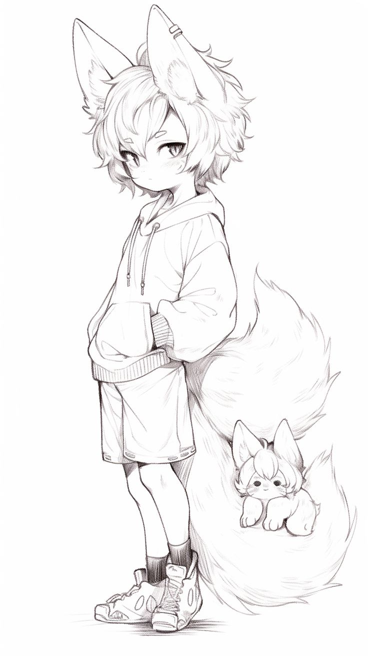 a drawing of a boy and his cat