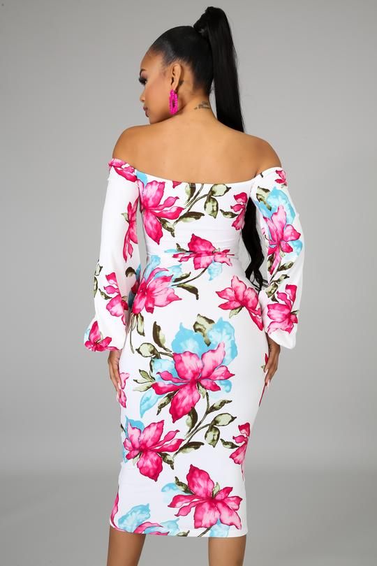 Blossom in this floral print midi dress that hugs all of your curves. Fabric is soft and has ample stretch.Material: 95% Polyester / 5% Spandex Knee-length Bodycon Maxi Dress For Brunch, Printed Midi Dress For Brunch, Floral Print Bodycon Maxi Dress, Bodycon Floral Print Maxi Dress, Fitted Floral Print Midi Dress, Chic Floral Print Midi Dress, Rose Print Midi Dress For Spring, Spring Printed Knee-length Midi Dress, Printed Knee-length Midi Dress For Spring