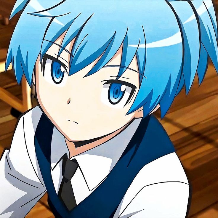 an anime character with blue hair wearing a vest and tie, staring at the camera