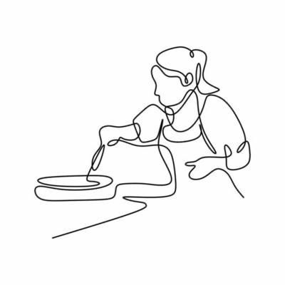 a continuous line drawing of a woman pouring water from a pitcher into a bowl on the floor