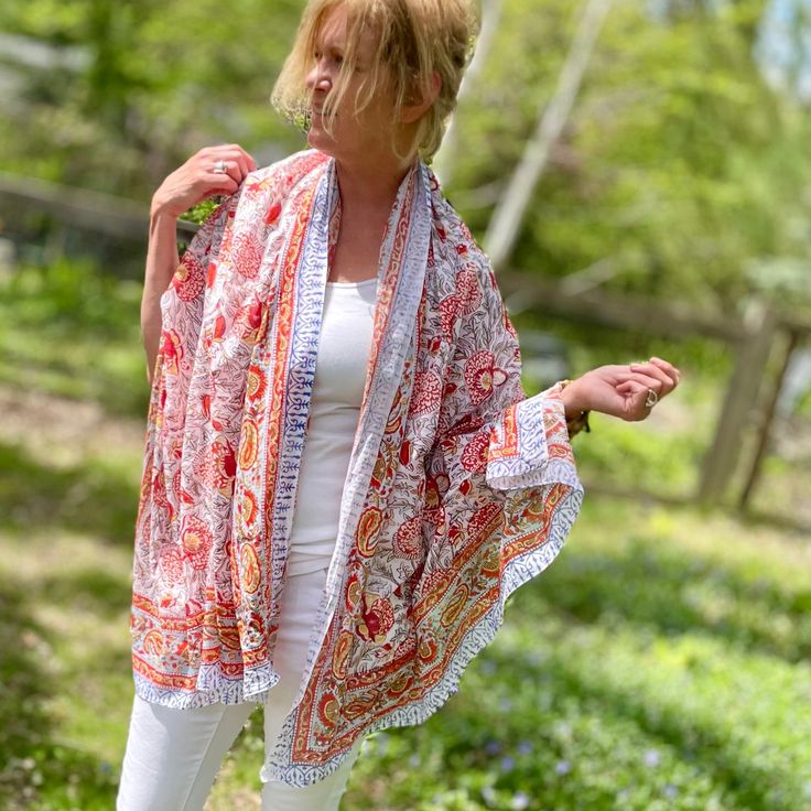 This oversized soft scarf is 100% cotton and can be worn as a scarf or sarong. Size: 72X42 inches Multicolor Shawl For Summer, Casual Beach Shawl For Summer, Casual Summer Shawl For Beach, Casual Summer Shawl One Size, Casual Summer Beach Shawl, Casual White Shawl Scarf, Casual One Size Shawl For Festivals, Casual One Size Shawl For Summer, Oversized Casual Shawl For Spring