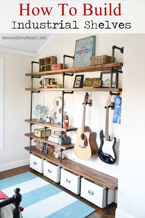 a room with some shelves and guitars on it