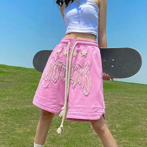 Y2k Style Pink Bottoms For Summer, Y2k Pink Bottoms For Summer, Pink Y2k Bottoms For Spring, Pink Letter Print Bottoms For Streetwear, Sporty Pink Cotton Bottoms, Pink Cotton Shorts For Summer, Trendy Pink Cotton Bottoms, Pink Letter Print Short Bottoms, Sporty Pink Shorts With Letter Print