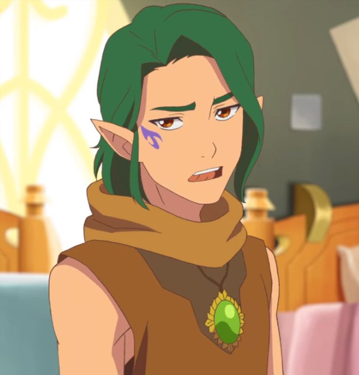 a man with green hair wearing a brown outfit