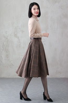 Winter Retro Plaid Midi Wool Skirt 3839 – XiaoLizi Plaid Midi Skirt For Fall, Midi Length Bottoms For Office In Fall, Elegant Plaid Skirt For Work, Classic Fall Midi Skirt, Winter Office Knee-length Skirt, Office Knee-length Winter Skirt, Classic Winter Skirt For Workwear, Winter Workwear Bottoms In Midi Length, Plaid Full Skirt For Work