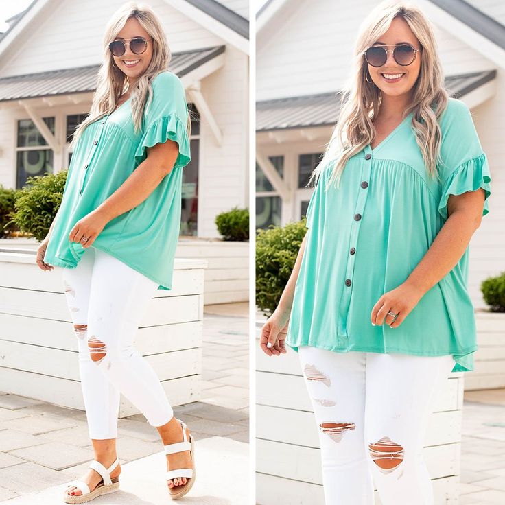 This top is too sweet! It has a flirty and feminine design with a figure-flattering fit you'll want to wear all day long! It's light and flowy and has the cutest ruffled sleeves! Not to mention how easy the solid mint color is to pair with your favorite accessories! Style this top with skinnies and wedges for an effortlessly chic look!
95% Rayon, 5% Spandex  
Made In USA. Cute Summer Tops With Flutter Sleeves, Cute Flowy Tops For Spring, Cute Flutter Sleeve Tops For Summer, Cute Summer Blouse With Flutter Sleeves, Cute Flutter Sleeve Blouse For Summer, Flirty Ruffle Hem Tops For Day Out, Casual Butterfly Sleeve Blouse For Vacation, Cute Ruffle Sleeve Tops For Day Out, Vacation Flutter Sleeve Top With Ruffle Hem