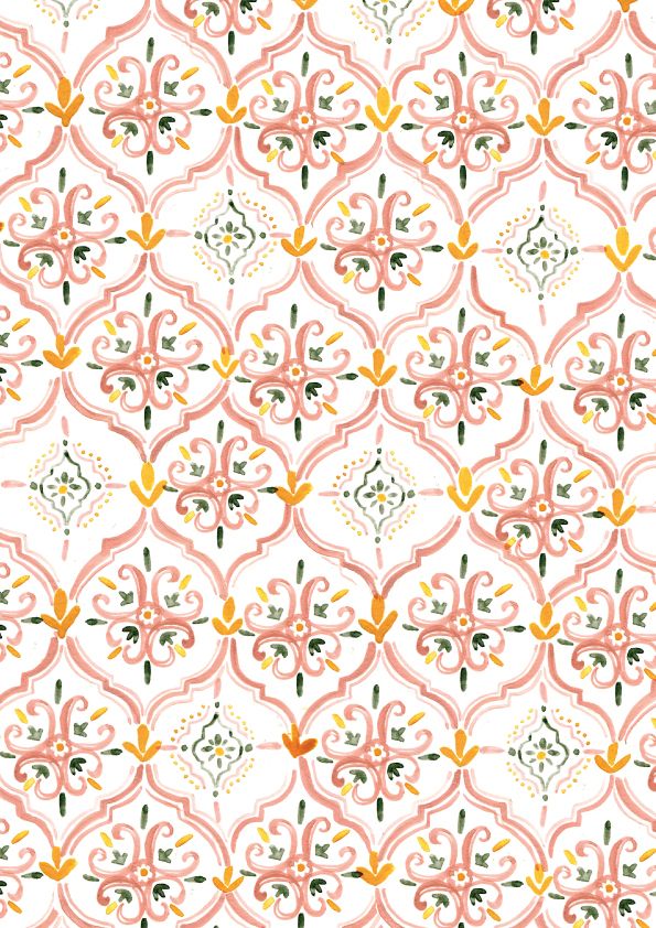 an abstract pattern in pink, yellow and green on a white background with orange accents