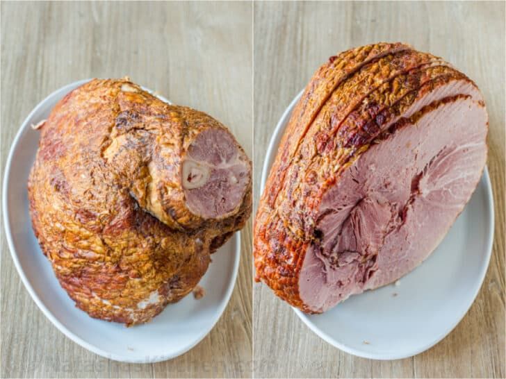 two white plates with meat on them sitting on a wooden table next to each other