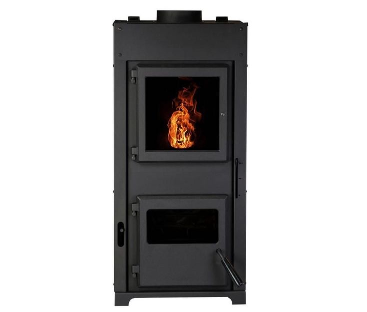 a black stove with flames in it on a white background and the door is open