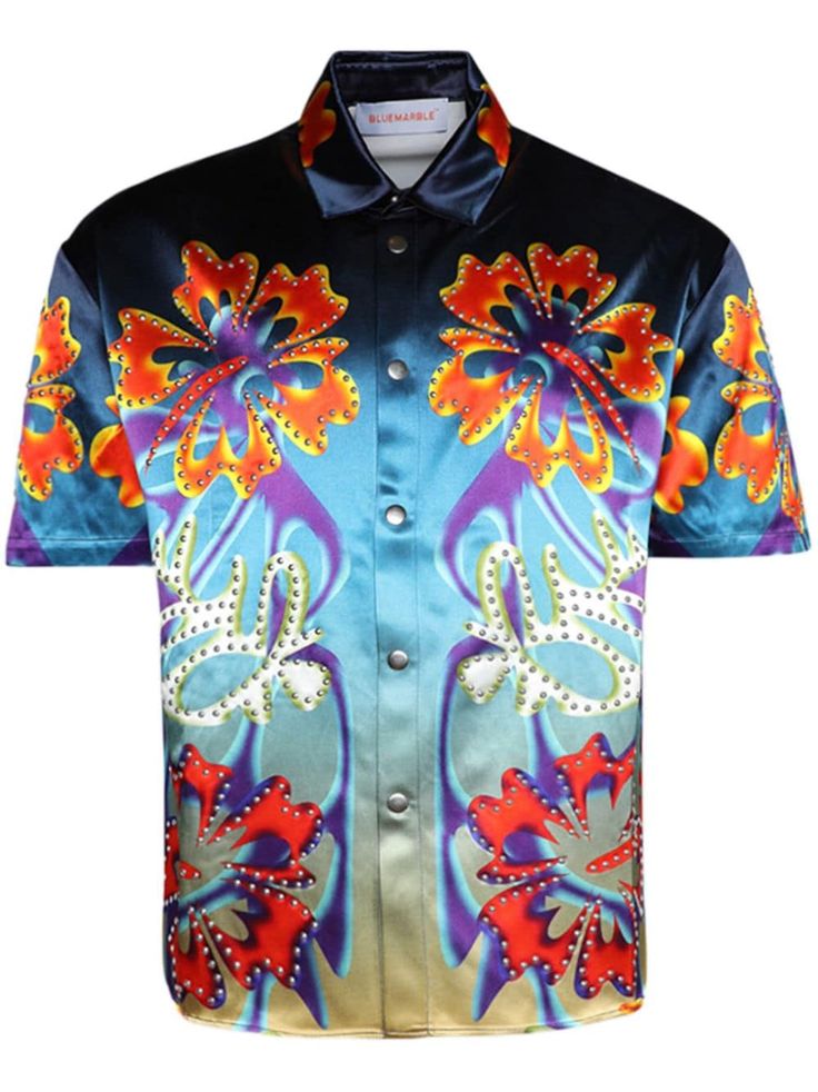 multicolour satin finish all-over floral print crystal embellishment pointed flat collar short sleeves front press-stud fastening curved hem Hibiscus Shirt, Hawaii Shirts, Pointed Flat Collar, Crystals Print, Flat Collar, Floral Print Shirt, Hem Style, Summer Beach Wear, Crystal Embellishment