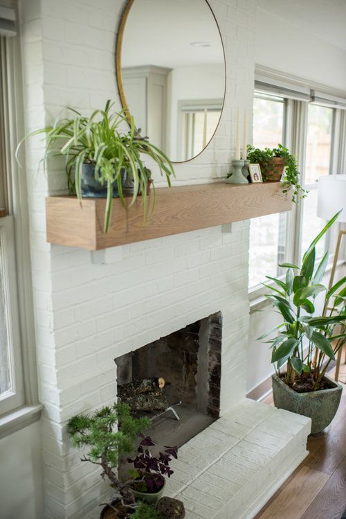 a living room with a fire place and potted plants on top of the fireplace