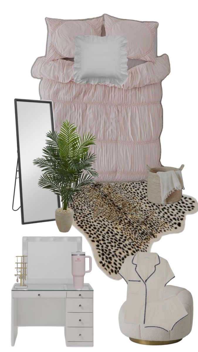 the bedroom is decorated in pink and white, with accessories including a leopard print rug