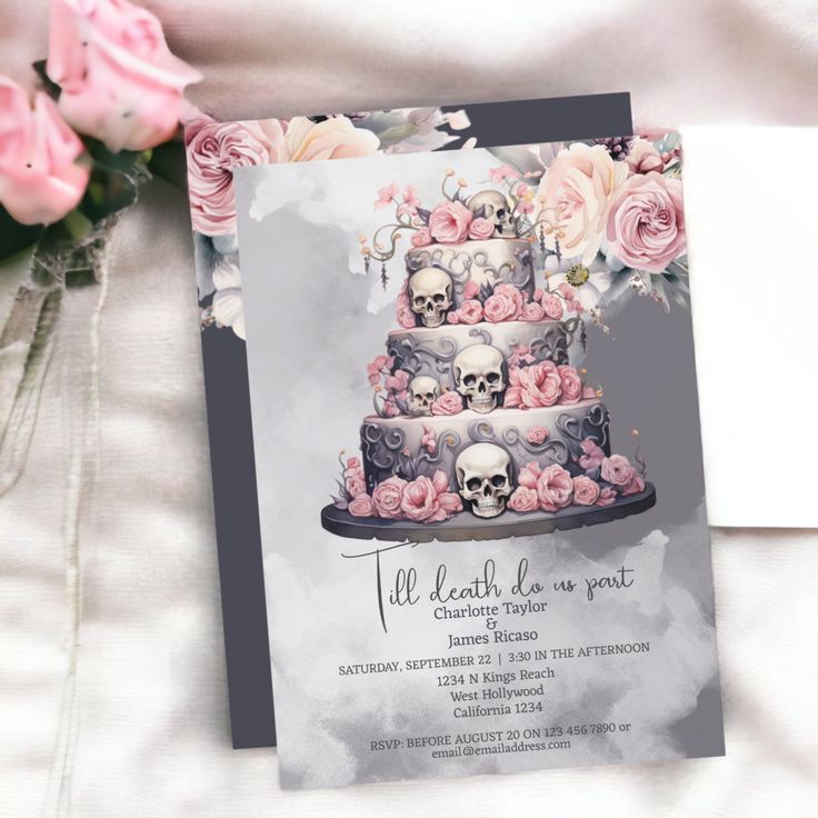 a wedding cake with skulls and roses on it is displayed in front of a card