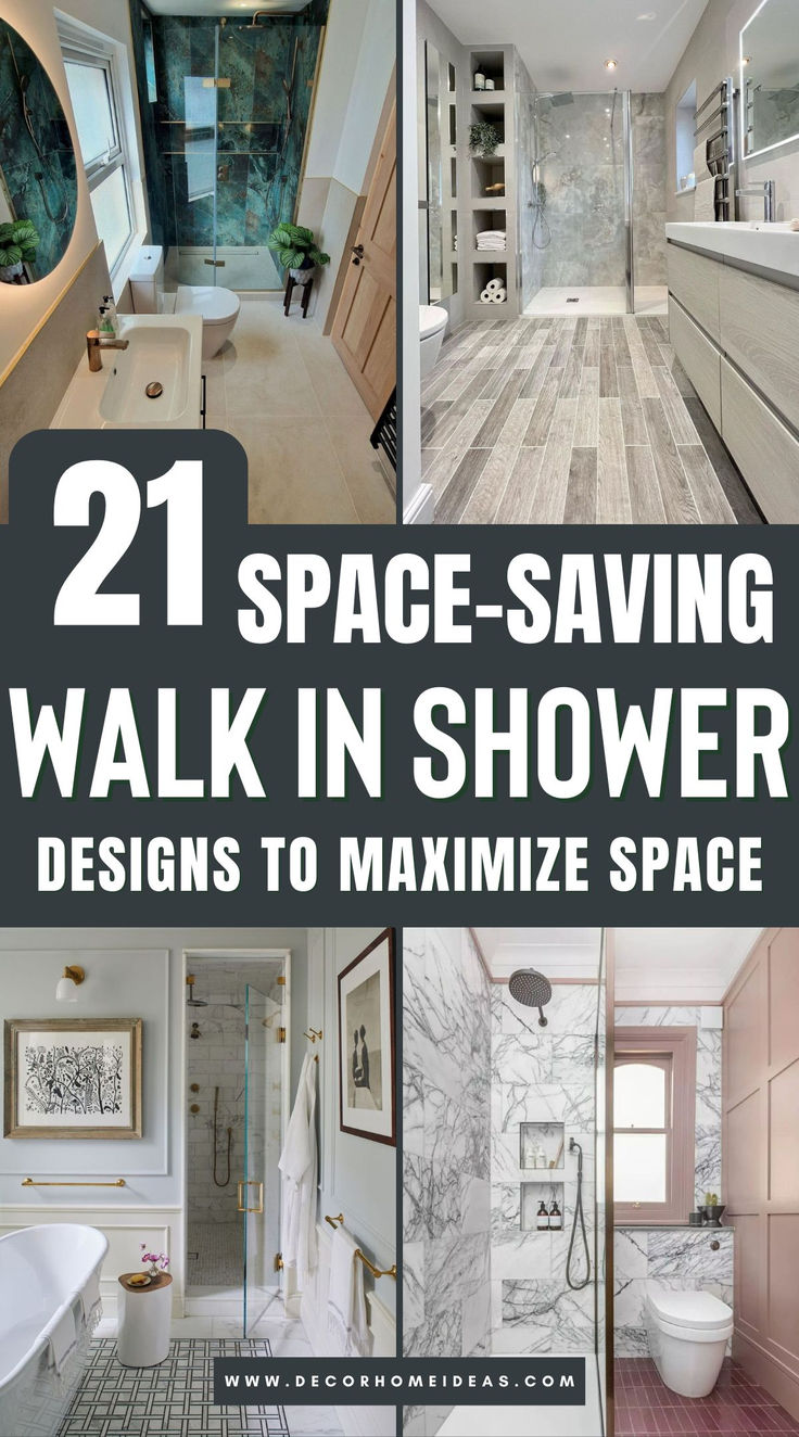 the cover of 21 space saving walk - in shower designs to maximumize space