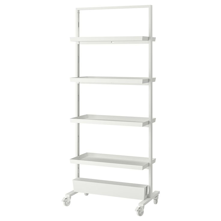 a white shelving unit with four shelves on each side and two wheels for storage