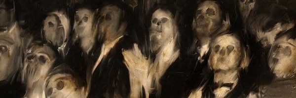 an abstract painting of many people in black and white robes with their heads turned to the side