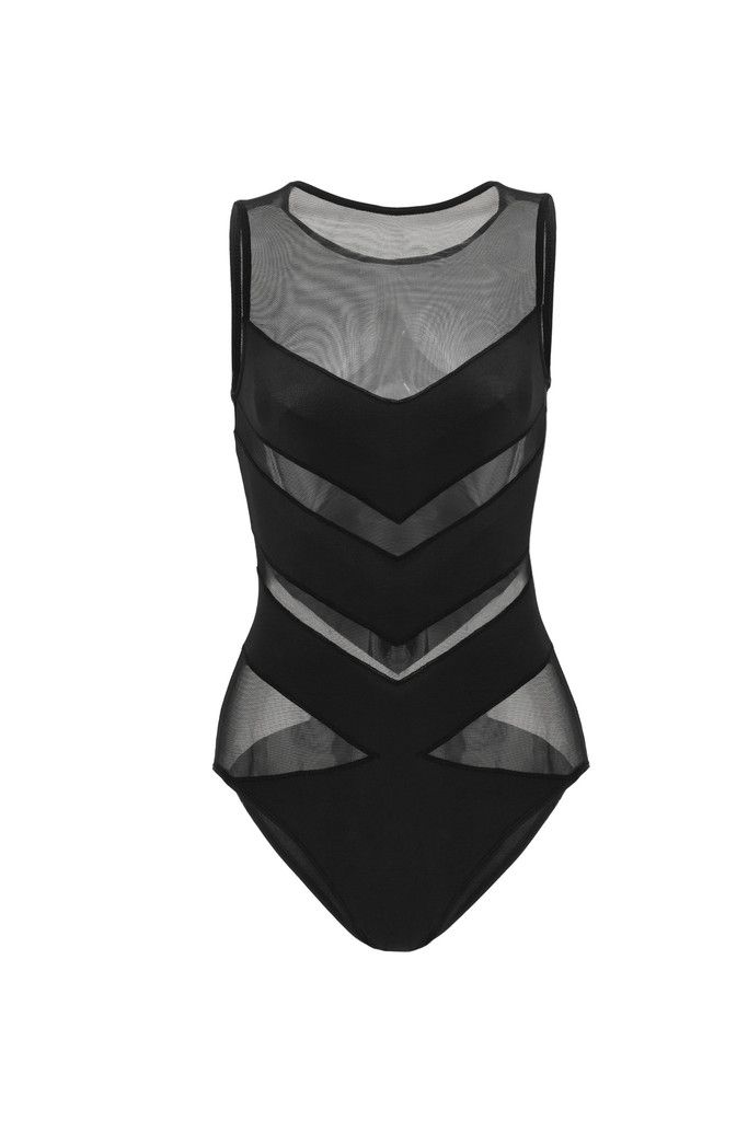 This one-piece boat neck swimsuit with sheer panels in a geometric pattern accentuate the waist. This style is as sporty as it is chic. You can pair it w... Sleeveless One Piece, Late Afternoon, Chevron Design, Female Body, Black Swimsuit, Sport Wear, Black Mesh, One Piece Swimsuit, Bathing Suits