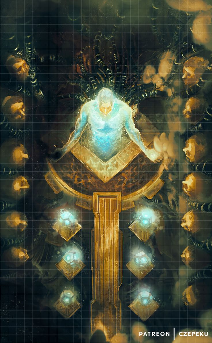 an artistic painting of a person sitting on top of a golden object with blue lights