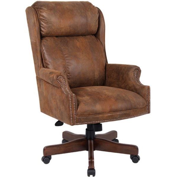 a brown leather office chair sitting on top of a wooden desk