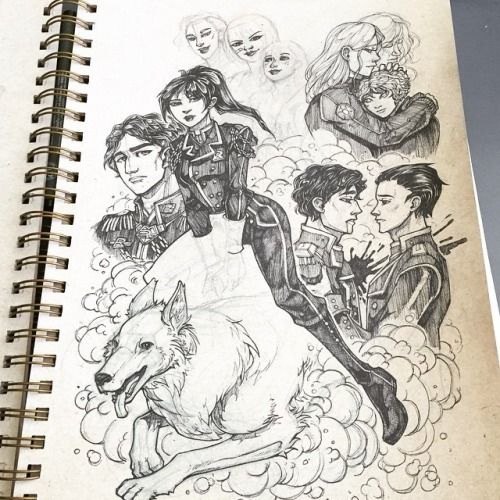 a drawing of some people and a dog on a page in a notebook with pencils