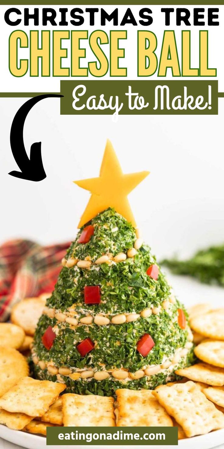 a christmas tree made out of cheese balls on top of crackers with text overlay that reads, christmas tree cheese ball easy to make